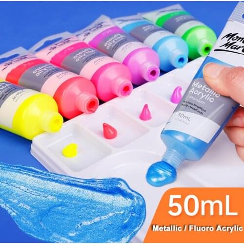 Premium Metallic Fluoro Acrylic Paint 50ml Tube 8 Colors for Canvas Card Paper Wood Art Supplies