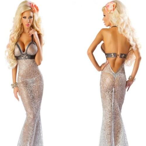 Sexy Perspective Mermaid-tail-costume Silver Halterneck Transparent Vestidos Erotic Backless Game Cosplay Costumes CE358