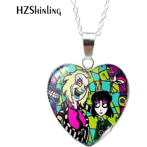 2021 Halloween Beetlejuices Pattern Heart Shaped Glass Cabochon Pendants Fashion Jewelry Necklace
