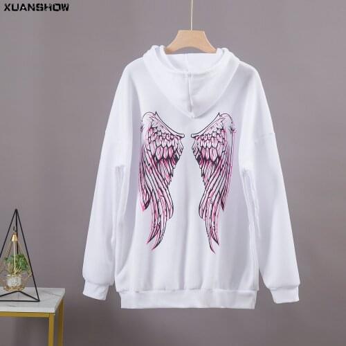 XUANSHOW Hoodies Women Oversized Loose Long Style Thick Los Angel Wings Letters Printed White Casual Womens Sweatshirts Coat