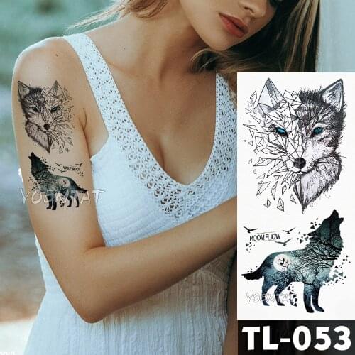 Water Transfer Line geometry moon wolf Temporary Tattoo Sticker Dark cool Pattern body art Waterproof Fake Flash Tattoo for men