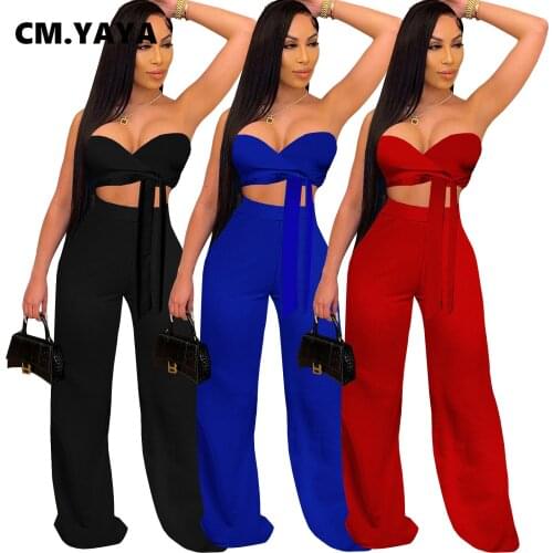 CM.YAYA Women Set Solid Sleeveless Bandage Super-short Tops We High Waist Loose Wide Leg Pants Two Piece Set Sexy Clothes Summer