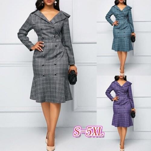 Plaid Printed Dress OL Double-breasted Long Sleeve Knee-length Trumpet Bodycon Notched Dress Spring Autumn Party Women Dresses