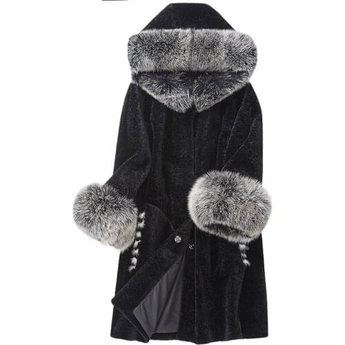 Womens Real Fur Coat Sheep Shearing Fur Coat Hood Winter Sheep Jacket fox collar mink fur Overcoat
