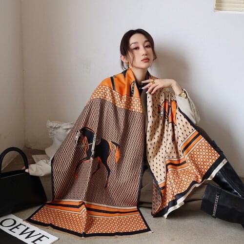 2021 Designer Winter Warm Women Scarf Hijab Plaid Print Horse Shawl Wrap Pashmin a Thick Blanket BufandaHead Scarves 190*65cm