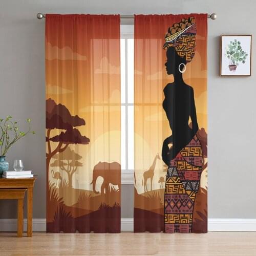 Africa Woman Giraffe Elephant Silhouettes Tulle Curtains for Living Room Decoration Modern Chiffon Sheer Voile Kitchen Curtain