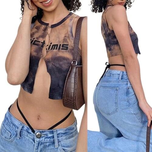 Summer Womens Crew Neck Tank Tops Sexy Sleeveless Letter Tie Dye Print Hollow Out Crop Tops