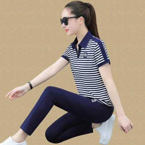 Summer Roma suit for women with striped short-sleeved T-shirt and trousers for women with cotton casual sport two-piece suit