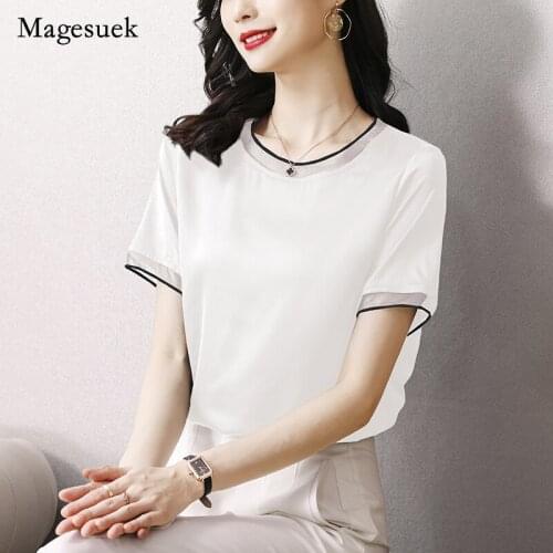 Summer 2021 Women Chiffon Silk Satin Solid O-neck Short Sleeve T-shirt for Women Noble Elegant Fashion Style Tops Blusa 14758