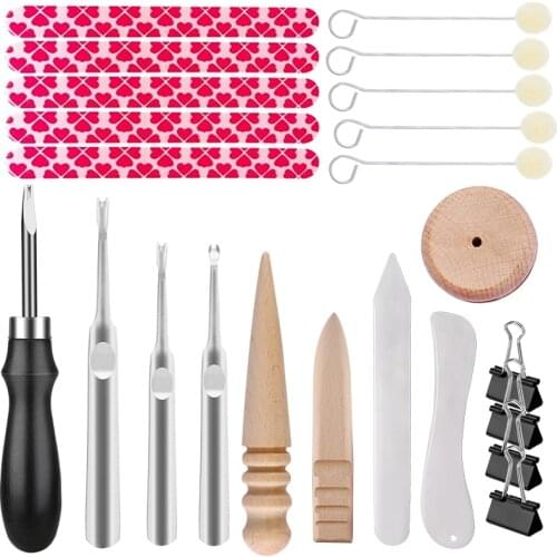 LMDZ 23 Pieces Leather Edge Beveler with Leather Skiving Tools, Wool Daubers, Sanding Strip, Clips, Wood Leathercraft