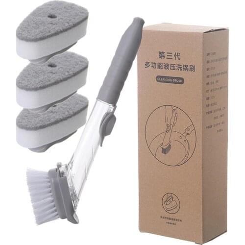 4 Pcs Multipurpose Kitchen Cleaning Brush Scrubber Dish Bowl Washing Sponge Automatic Liquid Dispenser Kitchen Pot Cleaner Tool
