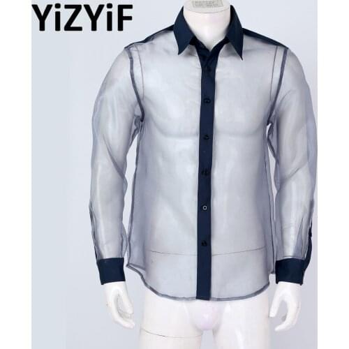 Mens Sexy See Through Sheer Mesh Long Sleeve Shirt Top Clubwear Party Stage Performance Costume
