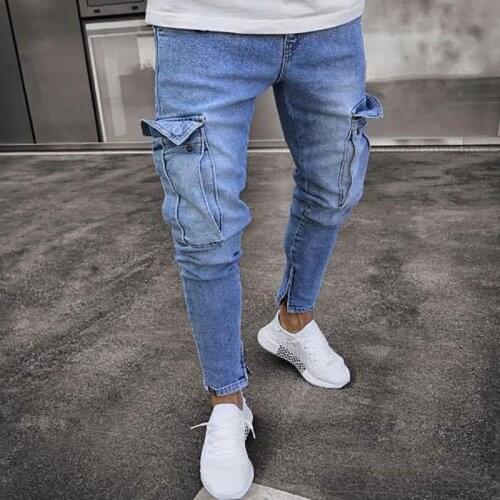 Men Denim Pants Ripped Hole Jeans Fashion Hip Hop Skinny Pencil Jeans for Men Stretch Patchwork Pocket Cargo Pants Jeans Men