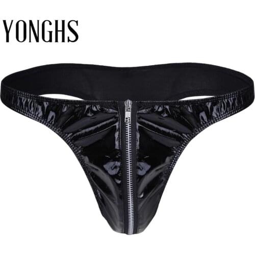 Mens Erotic Lingerie Sex Underwear Patent Leather Bikini Briefs Hot Sexy Underpants with Front Zipper G-String Thong Panties
