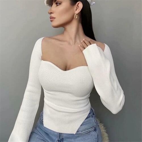 Square collar knitted tops long sleeve irregular pullovers