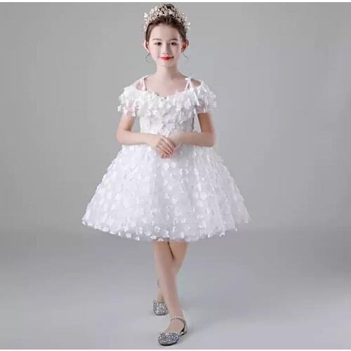 Flower Girl Dresses Illusion Boat-Neck Appliques Short Princess Knee-Length Tulle Luxury Spaghetti Straps Kids Party Gown H439