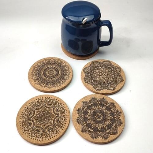 Nordic Mandala Pattern Round Cork Coasters with Holder Stand Rack Wooden Drinks Absorbent Mat Glass Cup Mug Pad Decor