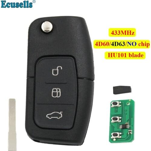 3 Button 433mhz Remote Key with Transponder 4D60 chip or 4D63 chip or NO chip For FORD Focus Mondeo Fiesta C max Kuga Galaxy