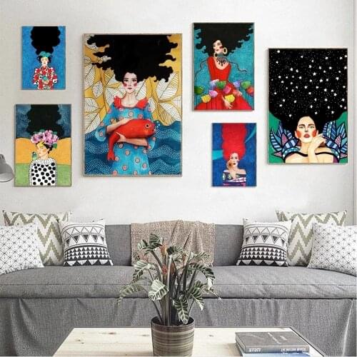 Modern Stick Figure Decor Abstract Cartoon Flower Long Hair Girl Colorful Nordic Diamond Painting Full Drill Mosaic Cross Stitch