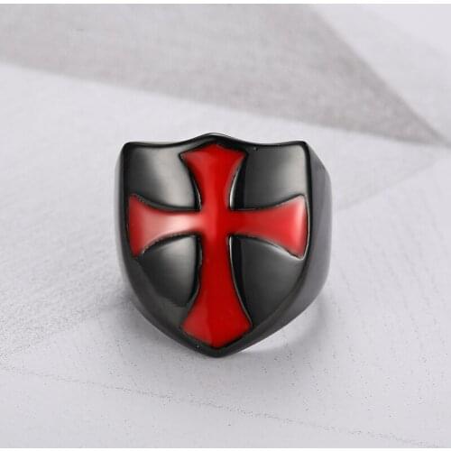 Punk Size 7-14# Stainless Steel Titanium Red Cross Shield Knight Templar Crusader Black Plated Medieval Signet Cross Ring