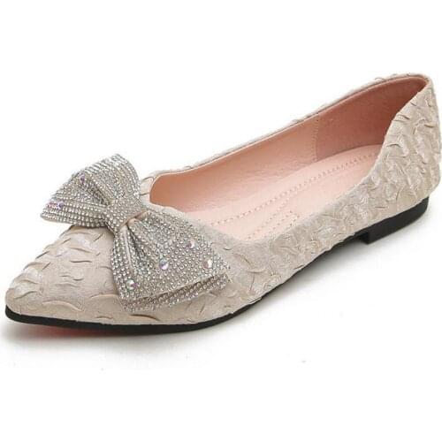 Large Size Flat Women Shoes Casual Slip On Loafers Comfortable Woman Shallow Single Shoes Rhinestone Bow High Quality Lady Flats