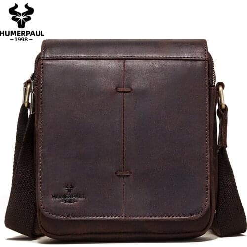 Vintage crazy horse leather men message bags top quality travel handbag flap luxury brand Business male shoulder bag sling sac