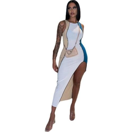 Woman Sleeveless Midi dress Stripes stitching Contrast color Split Bodycon dress S-L D144944K