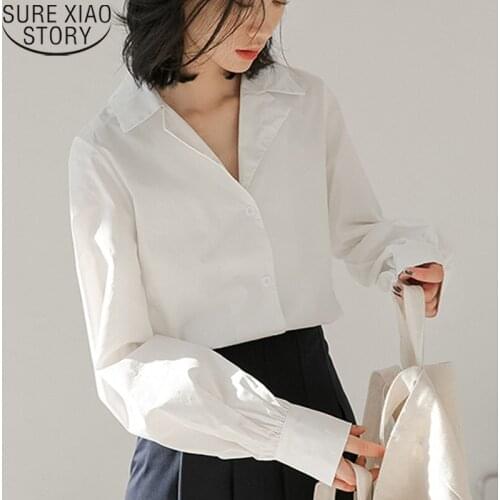 Vintage Lantern Sleeve Shirt Office Lady Suit Collar Tops Women Shirts Korean Loose Autumn White Blouse Cotton Clothing 15707
