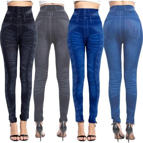 Women Fleece Winter Joggings Seamless leggings 2021 Lady sexy fitness High Waist Faux Jeans Denim Slim Pants leggings women