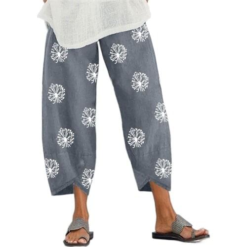 2021 New Leisure Women Dandelion Print Long Pants, Loose Fit Irregular Hem Elastic Waist Trousers for Summer