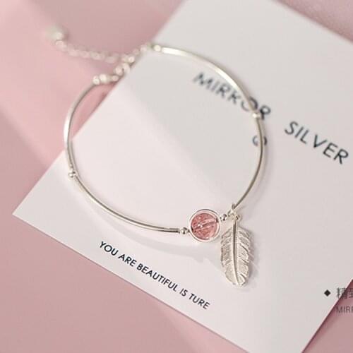925 Sterling Silver Crystal Round Bead Feather Charm Bracelet & Bangles For Women Wedding Party Jewelry SL261