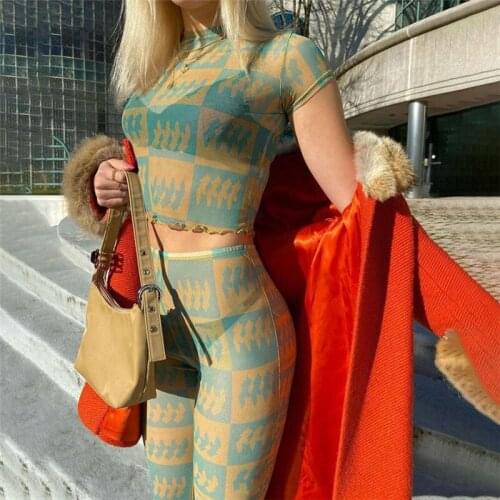 Summer Print Y2K Short Sleeve Crop Top Mesh And Pant See Through Women Set Beach Sexy Two Piece Set Green Party Outfit 2021 New