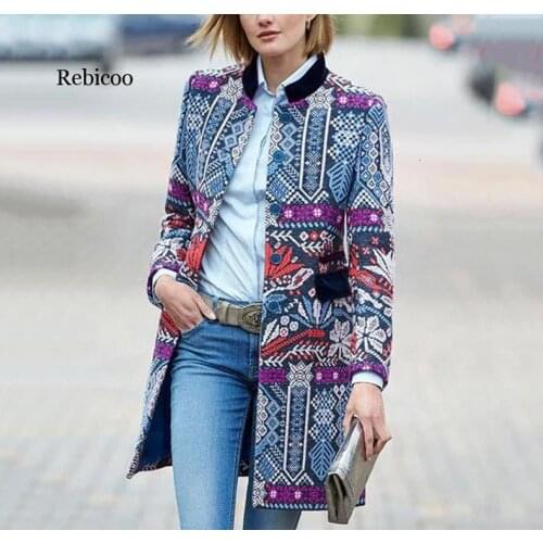 Spring Autumn Overcoat Expert Nation Wind Printing Long Sleeve Trench Coat Jacket Women Basic Jackets Outerwear Coats