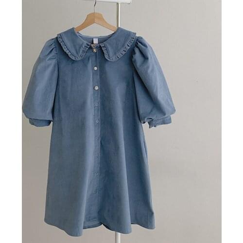 2021 New Fashionable Vintage Korean Spring Summer Puff Sleeve with Belt Mini Dress Women Elegant High Waist Blue Shirt Dresses