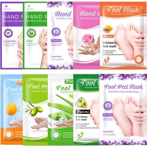 PUTIMI 10packs Exfoliating Foot Mask Socks Hand Mask Moisturizing Gloves Whitening Remove Dead Skin Peeling Foot Mask for Legs
