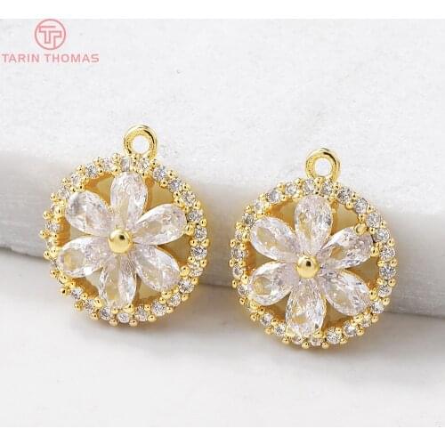 2PCS 14x16MM Hole 1MM 24K Gold Color Plated Brass with Zircon Flower Charms Pendants High Quality Diy Jewelry Accessories