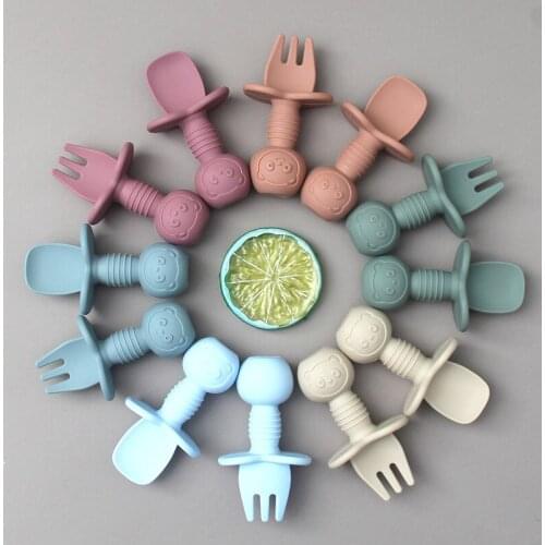 2pcs Cute Baby Silicone Spoon Feeding Set Kid Dishes Toddlers Infant Feeding Spoon Spoon Set