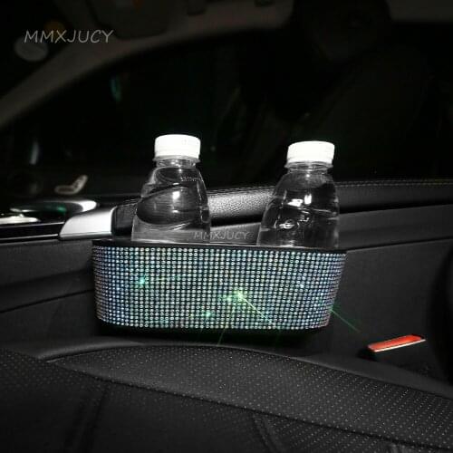 Car Interior Accessories Blue Seat Crevice Storage Box with Rhinestone Crystals for Water Bottle Mobile Phone Organizer