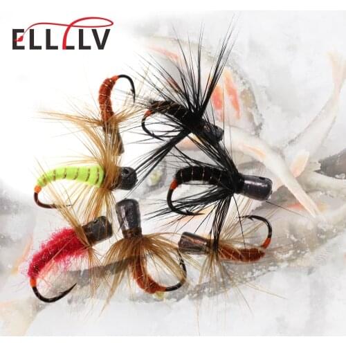 6pcs Winter Pesca Fast Sinking Hook Fly Bait Weighted Fishing Fly Worms Ice Fishing Jigs 1g 0.7g 0.5g 0.3g Mix Colors