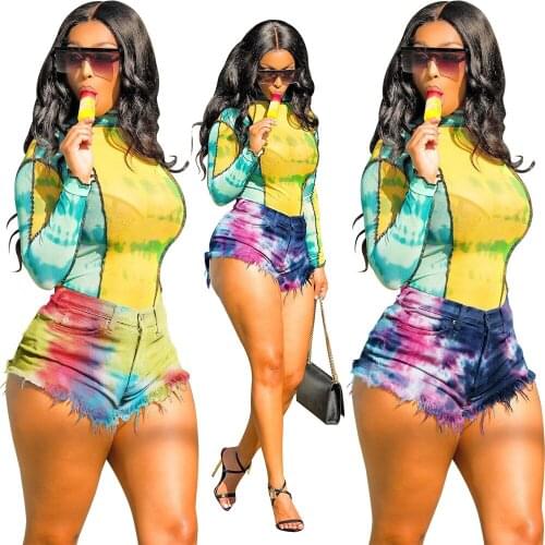 European and American Summer New Style Fringed Brushed Tie-Dye Imitation Denim Shorts Womens Jeans Casual Pants