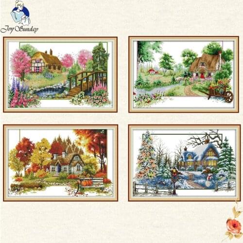 Joy sunday four seasons scenery Cross Stitch 11CT Printed 14CT Cotton Cross Stitch Set landscape Kit Embroidery Needlework