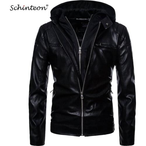Schinteon Men Motorcycle PU Leather Jacket Outwear With Hood Double-layer Windbreaker Coat Faux Leather Pockets EU Size