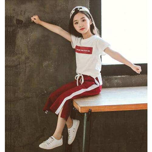 Kids girls 2pcs summer suit letters printed short-sleeved T-shirt + Pants new big virgin suit 4-12 years old
