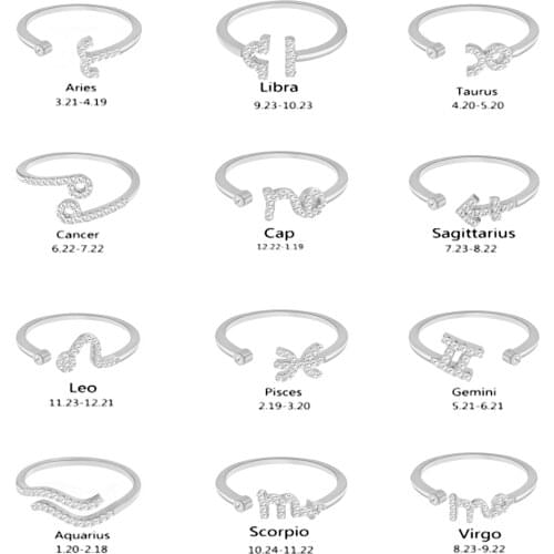 Minimalist Small Open Gold Silver Color 12 Star Signs Finger Rings Birthday Friendship Jewelry Gift Personality Zodiac Sign Ring
