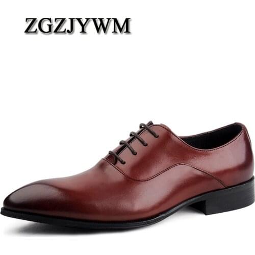 ZGZJYWM Fashion Men Oxford Wedding Male Lace-Up Pointed Toe Office Genuine Leather Dress Black/Red Size 38-44 Shoes