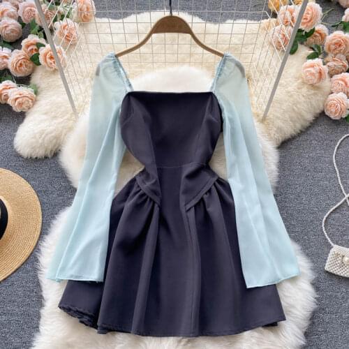 Autumn 2021 New Temperament Vestidos Womens Tube Top Square Collar Folds Waist Slimming Mini Dress DF713