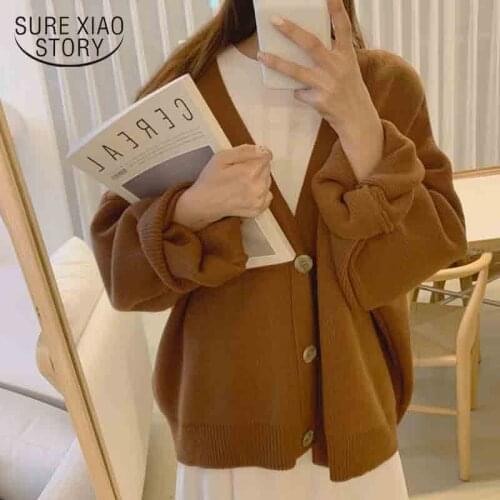 Autumn Winter 2021 Knitted Loose Tops Oversized Thick Sweater Women V-Neck Cardigans Casual Fashion Female Warm Coat Chic 16907