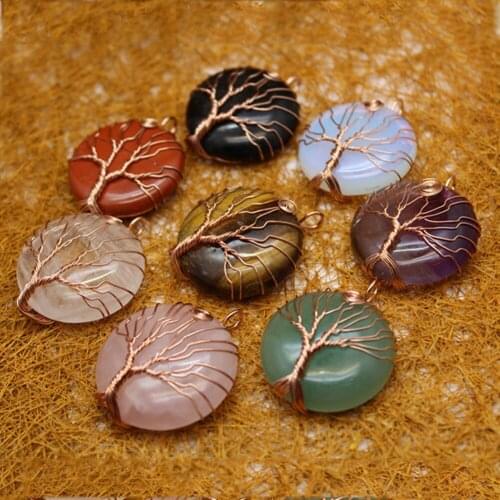 12pcs Natural mixed crystal pendant necklace tree of life round Meditation Quartz Treat Crystal Charm for Jewelry Making Free