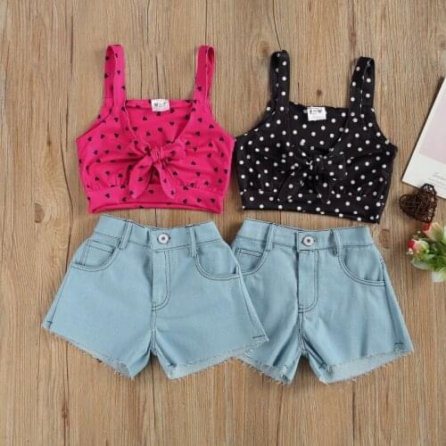 Girls Casual Suit Summer 2021, Fashion Sleeveless Polka Dot Bow Lace-up Midriff-baring Camisole, Loose Jeans Shorts, Daily Life