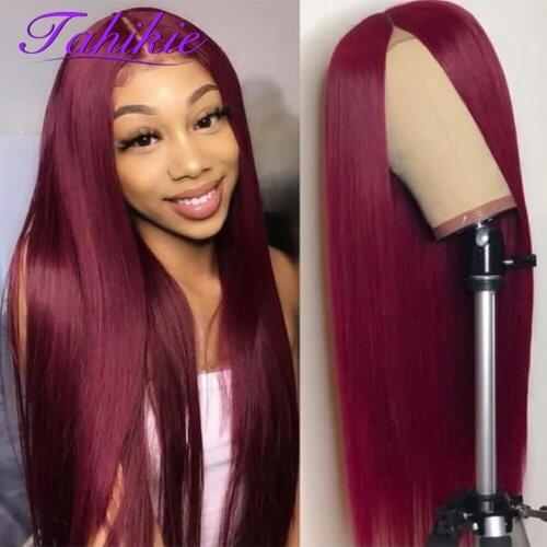 Straight 99j Lace Front Wig 13x1 Lace Closure Wig Colored Human Hair Wigs Transparent Lace Wig Red Wig Brazilian Remy Tahikie